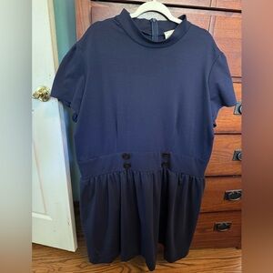 Elegant Navy Asymmetrical Women’s Dress with Button Detail